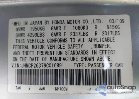 2009 Honda Accord 2.4 Lx from USA, damaged, VIN JHMCP26379C016891